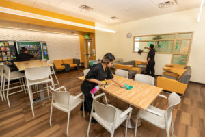 Our day porters are cleaning break room and kitchen area in one of our office buildings in Los Angeles. 